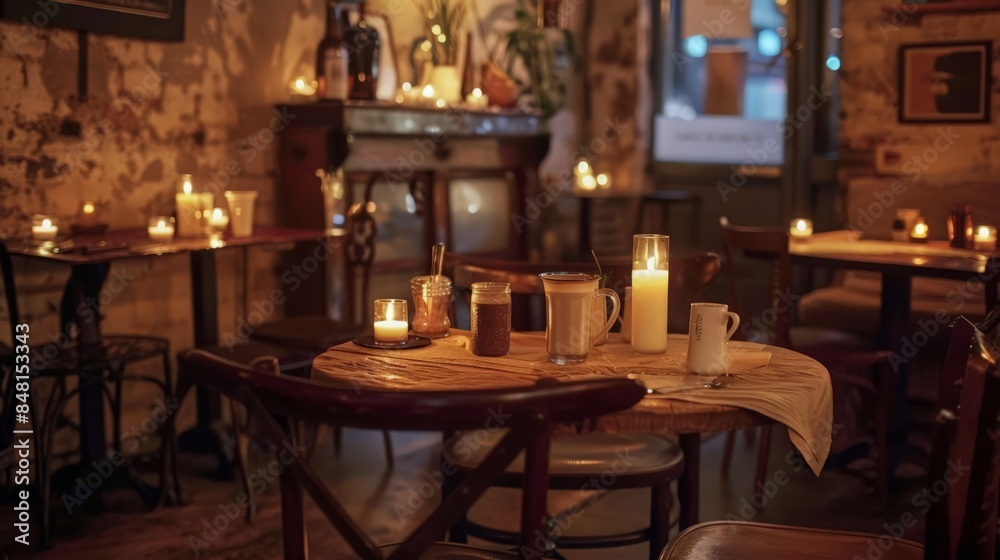 A romantic cafe with candlelit tables and soft music, perfect for date nights and intimate gatherings. The menu offers gourmet coffee A romantic cafe with candlelit tables and soft music, perfect for date nights and intimate gatherings. The menu offers gourmet coffee