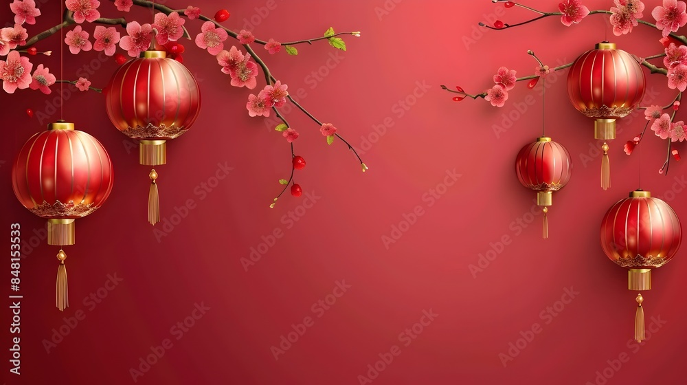 Festive Chinese New Year Spring Festival Red Lanterns and Flowers Festive Chinese New Year Spring Festival Red Lanterns and Flowers