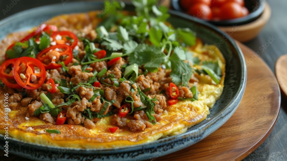 A savory serving of Kai Jiew, a Thai-style omelet with ground pork, crispy and golden, perfect for any meal A savory serving of Kai Jiew, a Thai-style omelet with ground pork, crispy and golden, perfect for any meal
