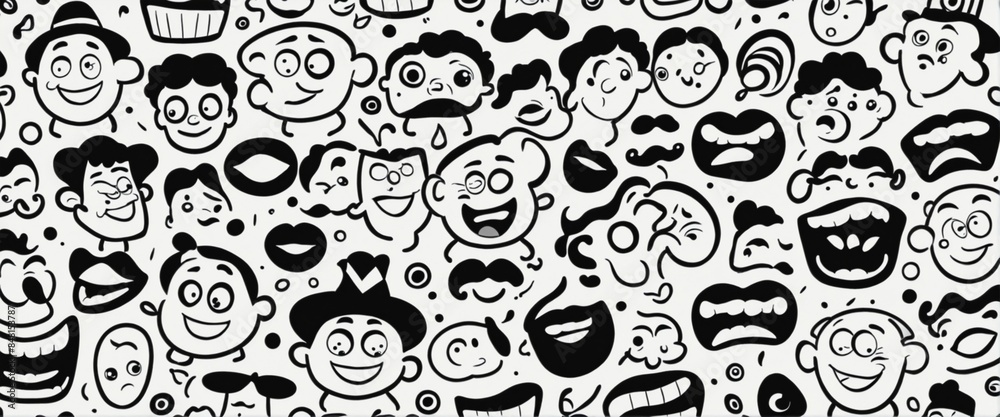 Fototapeta premium funny abstract cartoon faces wall paper, black and white illustration