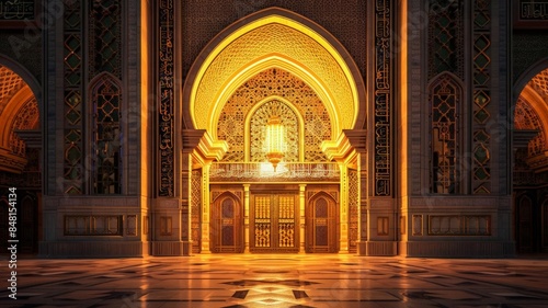 The golden light enhances the intricate patterns, highlighting the architectural beauty. Illuminated Arches of Elegance