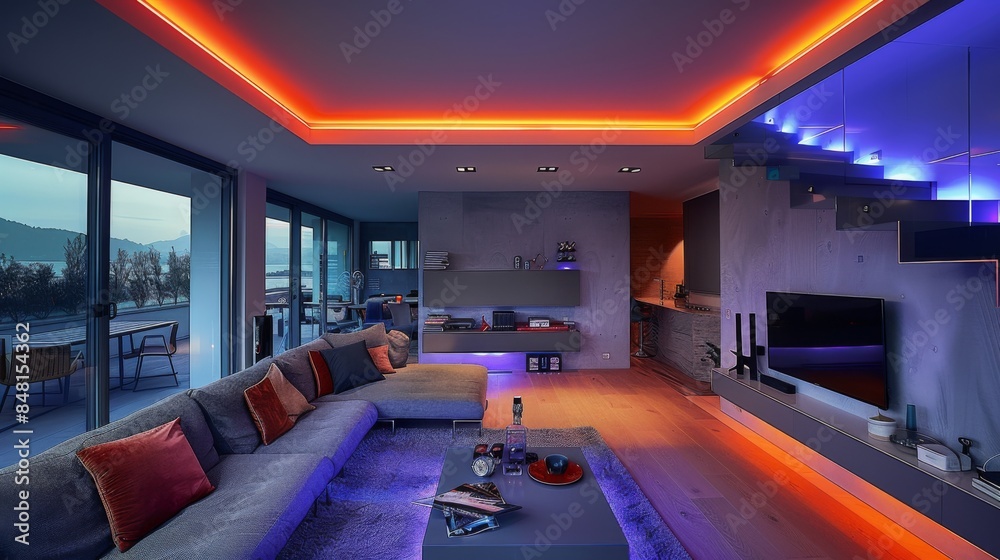 Illuminate your modern living room at night with LED strips highlighting the sofa, TV, and artwork, creating a sophisticated Illuminate your modern living room at night with LED strips highlighting the sofa, TV, and artwork, creating a sophisticated