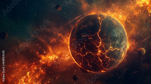 Lava-filled planet surface with a molten planet in the background.