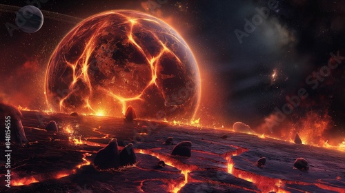 Lava-filled planet surface with a molten planet in the background.