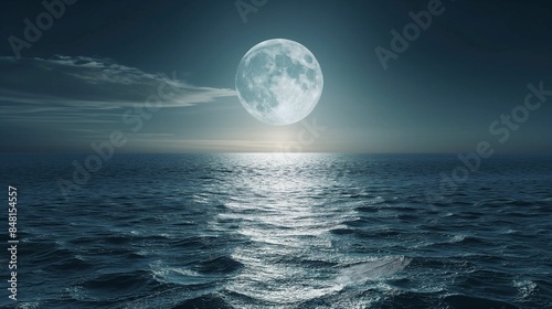 Full moon over the ocean with moonlight reflection on water.