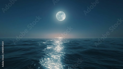 Full moon over the ocean with moonlight reflection on water.