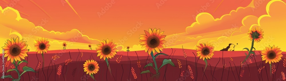 Fototapeta premium Vibrant sunset over a sunflower field with a gradient orange sky, creating a warm and serene landscape. Perfect for nature and landscape enthusiasts.