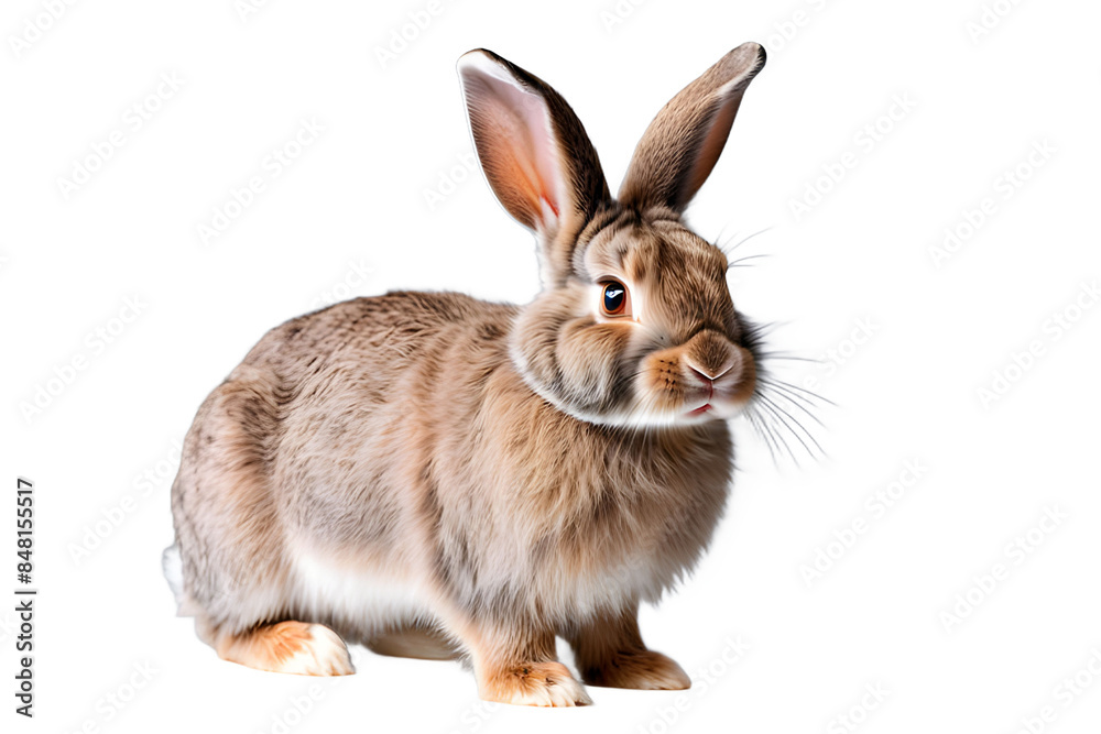 Obraz premium tudio portrait of cute rabbit isolated on transparent png background, happy bunny running on floor, adorable fluffy rabbit that sniffing.