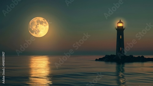 A solitary lighthouse stands against the backdrop of a rising moon over the ocean.