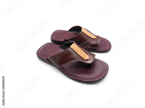 Men's flat photo colourful slippers isolated on white background.
