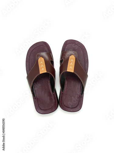 Men's flat photo colourful slippers isolated on white background. Top view angle
