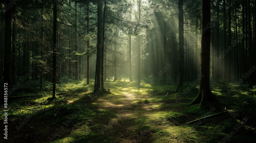 Fototapeta premium Serene forest path illuminated by soft sunlight filtering through tall trees, casting beautiful light rays on the mossy forest floor.