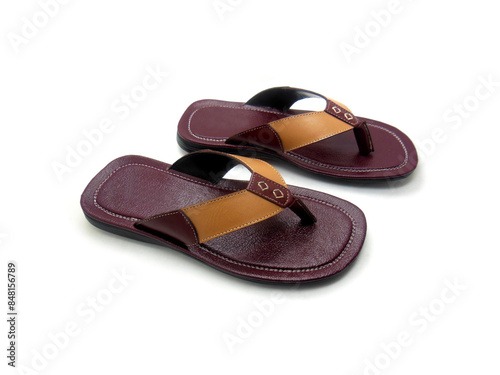 Men's flat photo colourful slippers isolated on white background.