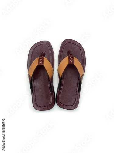 Men's flat photo colourful slippers isolated on white background. Top view angle