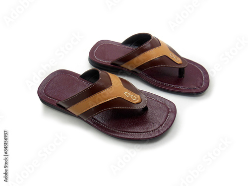 Men's flat photo colourful slippers isolated on white background.