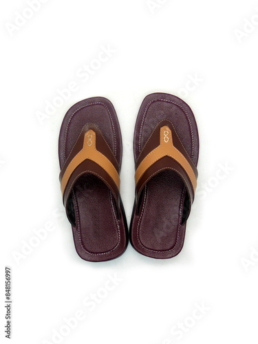 Men's flat photo colourful slippers isolated on white background. Top view angle