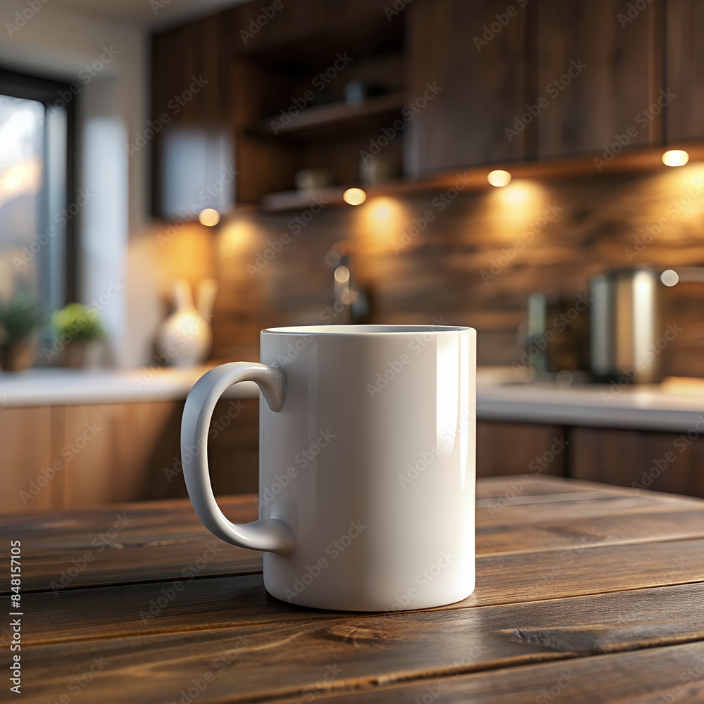 White ceramic mug mock up on wooden table on blured modern kitchen background. Template, cup mock up. White ceramic mug mock up on wooden table on blured modern kitchen background. Template, cup mock up.