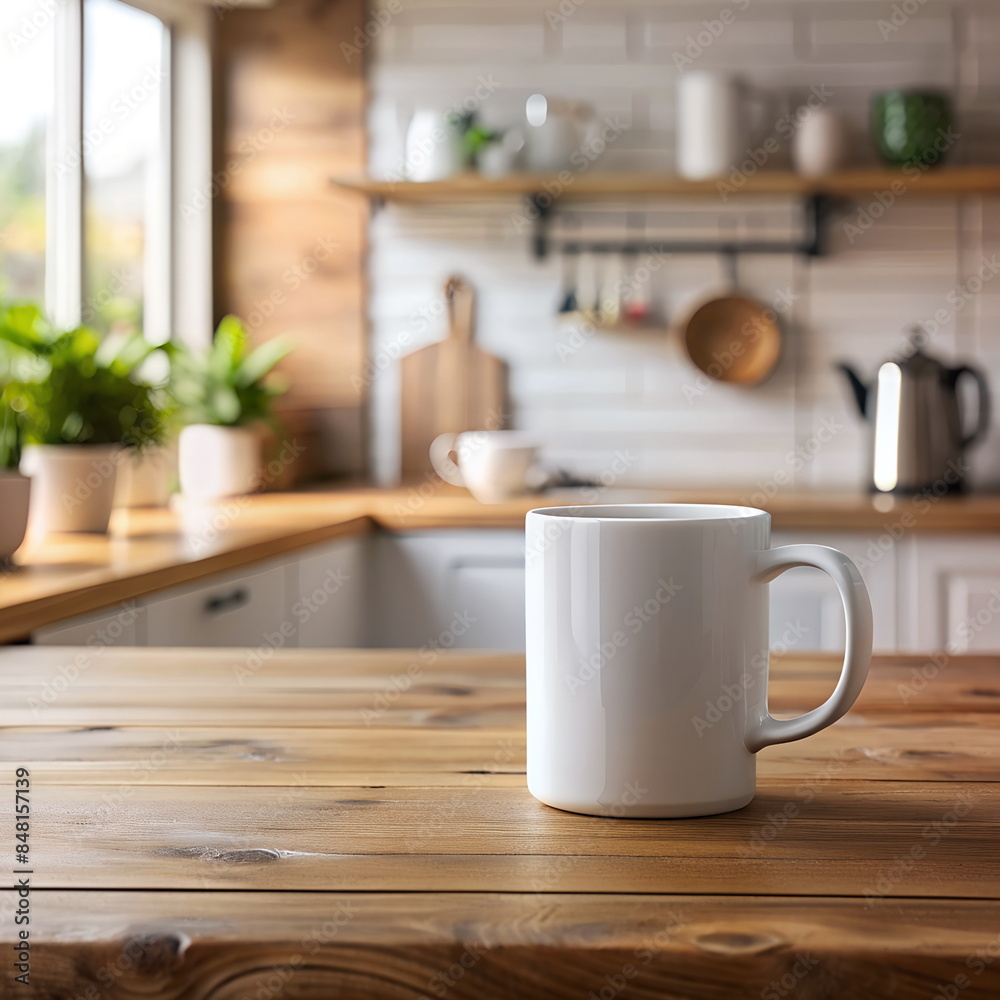White ceramic mug mock up on wooden table on blured modern kitchen background. Template, cup mock up. White ceramic mug mock up on wooden table on blured modern kitchen background. Template, cup mock up.