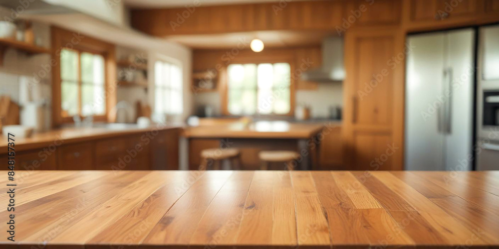 Wooden table top on blur modern kitchen interior background Wooden table top on blur modern kitchen interior background