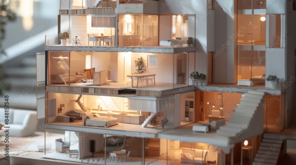 A townhouse model with multiple floors, shared walls, and urban-inspired interiors A townhouse model with multiple floors, shared walls, and urban-inspired interiors