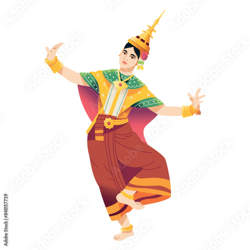 Vector Traditional Thai Dancer girl Cartoon Illustration Isolated