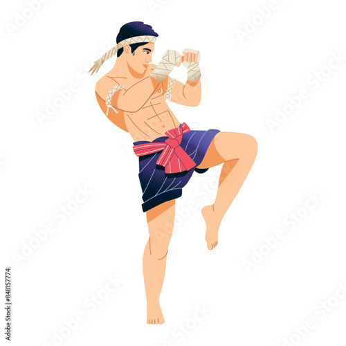 Vector Muay Thai Fighter Kicking Cartoon Illustration Isolated