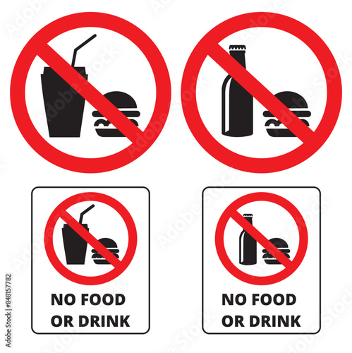 Cartel de no se permite comida ni bebida, señal,  y símbolo, señal de prohibición de comida y bebida. Vector