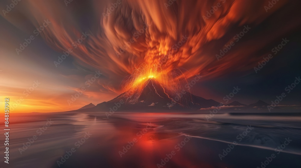 A volcanic eruption paints the horizon with fiery hues, a breathtaking yet ominous display of nature's fury. A volcanic eruption paints the horizon with fiery hues, a breathtaking yet ominous display of nature's fury.