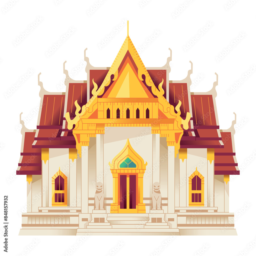 Fototapeta premium Vector Wat Benchamabophit Temple Thailand Cartoon Illustration Isolated