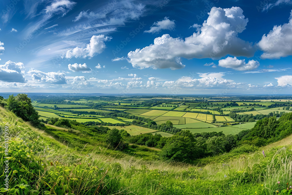 Fototapeta premium A panoramic countryside landscape, captures the beauty of nature, with copy space