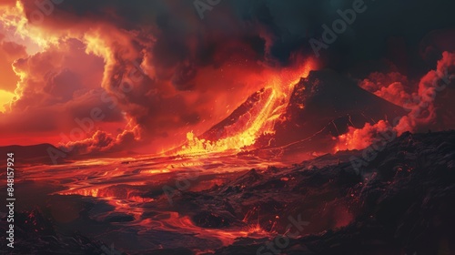 A volcanic eruption paints the horizon with fiery hues, a breathtaking yet ominous display of nature's fury.