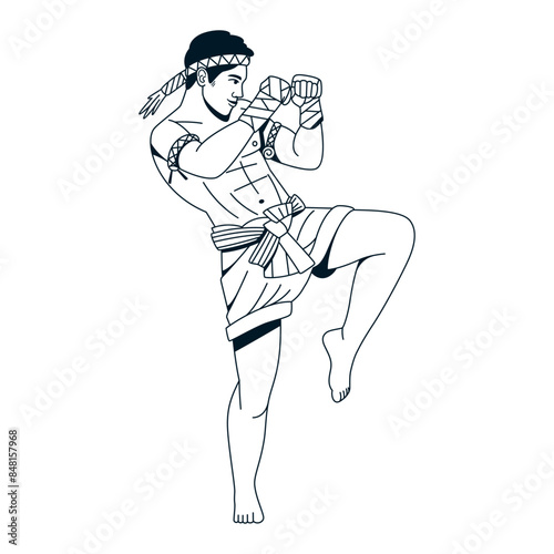 Vector Muay Thai Fighter Kicking Cartoon Illustration Isolated