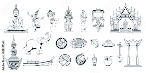 Vector Travel Thailand Cartoon Traditional Culture Set Illustration Isolated