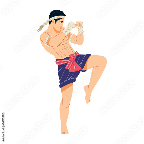 Vector Muay Thai Fighter Kicking Cartoon Illustration Isolated