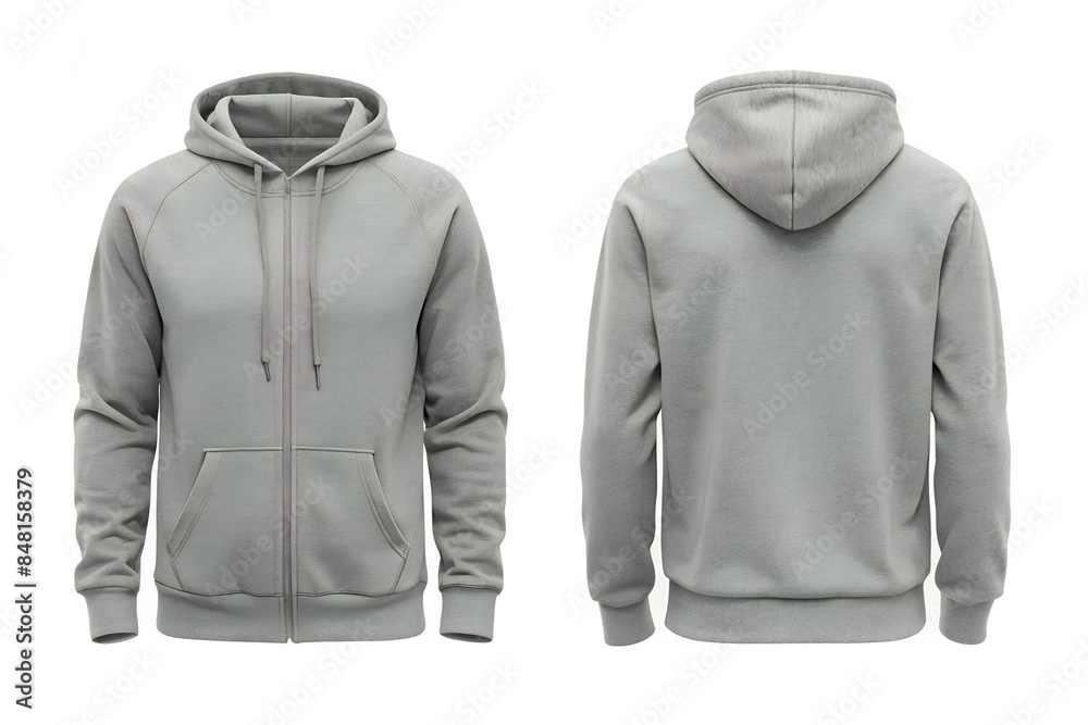 Grey hoody jacket sweatshirt mockup front and back view isolated on white background.Cloth mock up template for design. Grey hoody jacket sweatshirt mockup front and back view isolated on white background.Cloth mock up template for design.
