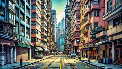 Streets of Hong Kong brought to life in a comic book style, Hong Kong, cityscape, urban, comic book, fiction