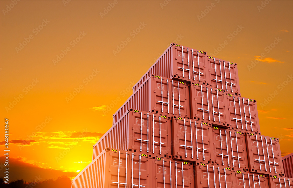 Fototapeta premium Metal cargo containers stand against the sunset. 3d-rendering