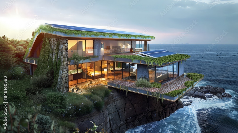 An eco-friendly sea house incorporating solar panels, rainwater harvesting, and natural materials An eco-friendly sea house incorporating solar panels, rainwater harvesting, and natural materials