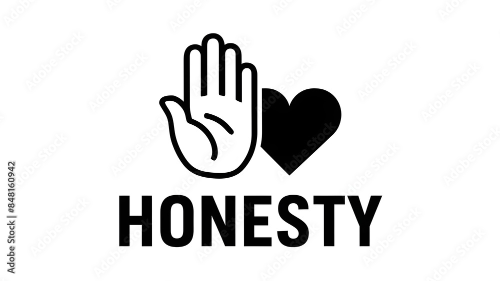 A hand icon, with its palm facing upwards. Adjacent to the hand, there's a heart symbol. Below these visual elements, the word 'HONESTY' is written in bold, capital letters. A hand icon, with its palm facing upwards. Adjacent to the hand, there's a heart symbol. Below these visual elements, the word 'HONESTY' is written in bold, capital letters.