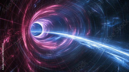 An illustration of a wormhole shows a potential bridge between two distant points in spacetime.
