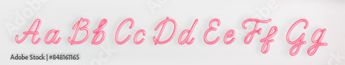 3D Pink Script Set Uppercase and Lowercase Letter A,B,C,D,E,F,G on light background. Cute Cursive Bubble typography symbol vector illustration.