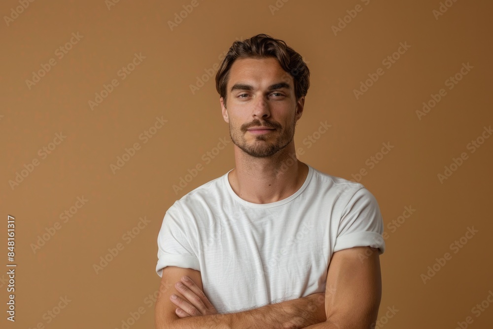 Man Isolated on Beige Background Keeping Arms Crossed. Caucasian Male Model Portrait in Studio Man Isolated on Beige Background Keeping Arms Crossed. Caucasian Male Model Portrait in Studio