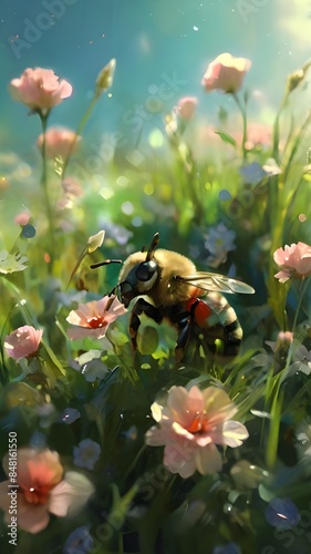 A bee on a pink flower collects pollen, wild macro photography concept illustration. photo