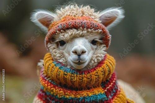 A baby alpaca wearing a colorful knitted sweater, standing in a hilly pasture. The alpaca has a gentle and calm expression