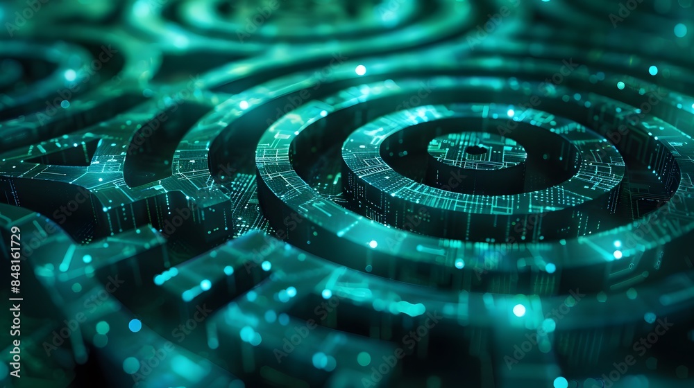 A green circle with a maze inside of it. The maze is made of small squares and the circle is surrounded by a blue border A green circle with a maze inside of it. The maze is made of small squares and the circle is surrounded by a blue border