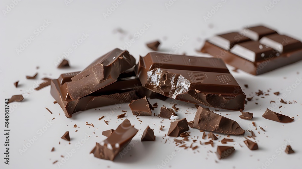Close-up of broken chocolate bars with scattered pieces on a white surface Close-up of broken chocolate bars with scattered pieces on a white surface