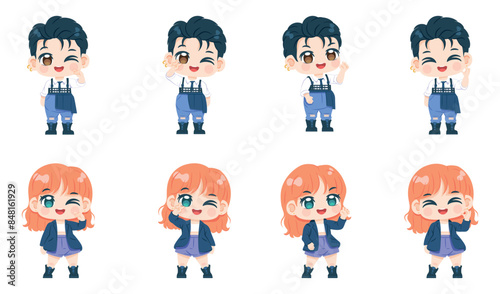 Vector Cute Kpop Idol Character Cartoon Set Illustration Isolated