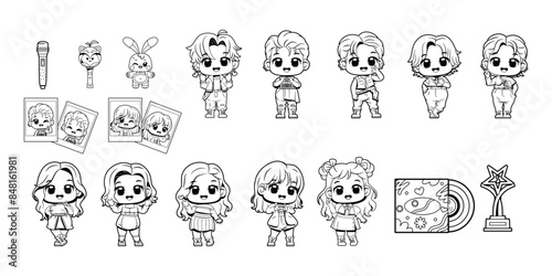 Vector Korean Cute Kpop Idol Culture Cartoon Set Illustration Isolated