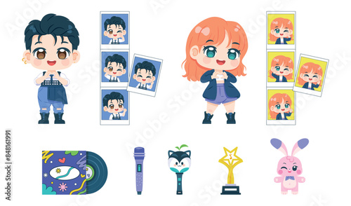 Vector Cute Kpop Idol Goods Culture Cartoon Set Illustration Isolated