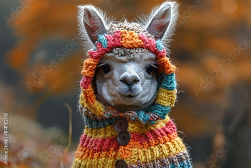 A baby alpaca wearing a colorful knitted sweater, standing in a hilly pasture. The alpaca has a gentle and calm expression © Nico